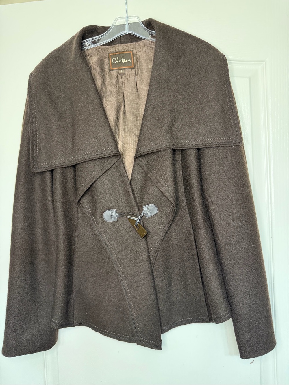 Cole Haan Wool Baby Alpaca Draped Cape Jacket Sz 8 Coffee Brown Toggle Closure